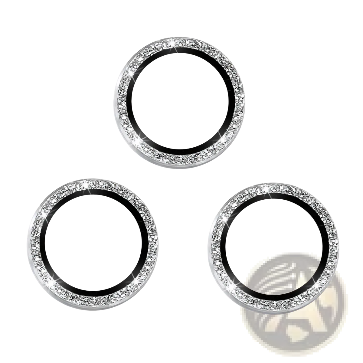 Three sparkling silver rhinestone-trimmed circular car air vent covers with black inner ring for rhinestone iphone camera lens protector tempered glass