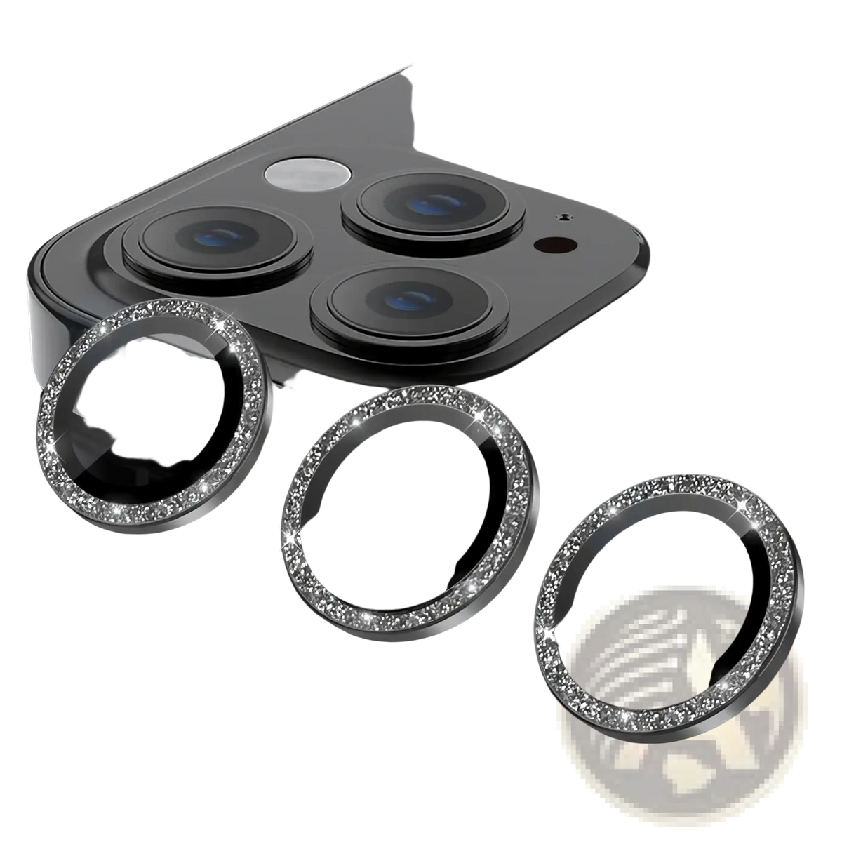 Three sparkling silver rhinestone-encrusted tempered glass iphone camera lens protectors for black smartphone back
