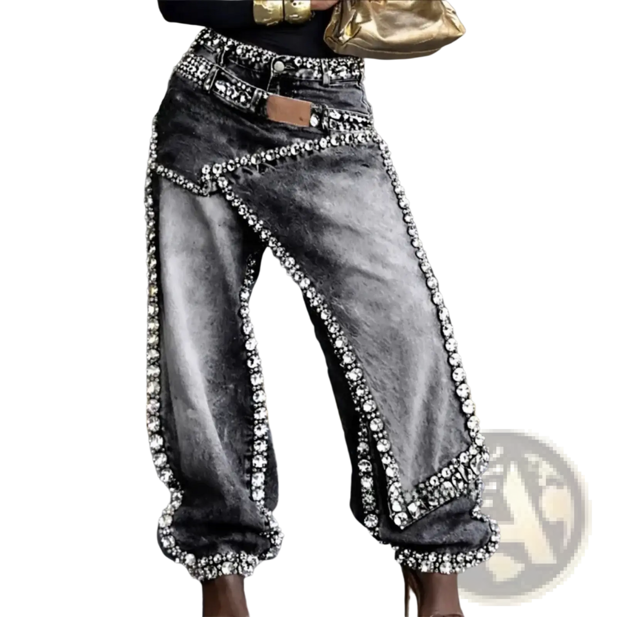 Black low rise loose denim jeans adorned with sparkling rhinestones along the seams and cuffs