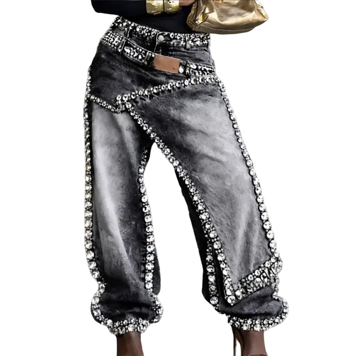 Black low rise loose denim jeans adorned with sparkling rhinestones along the seams and cuffs