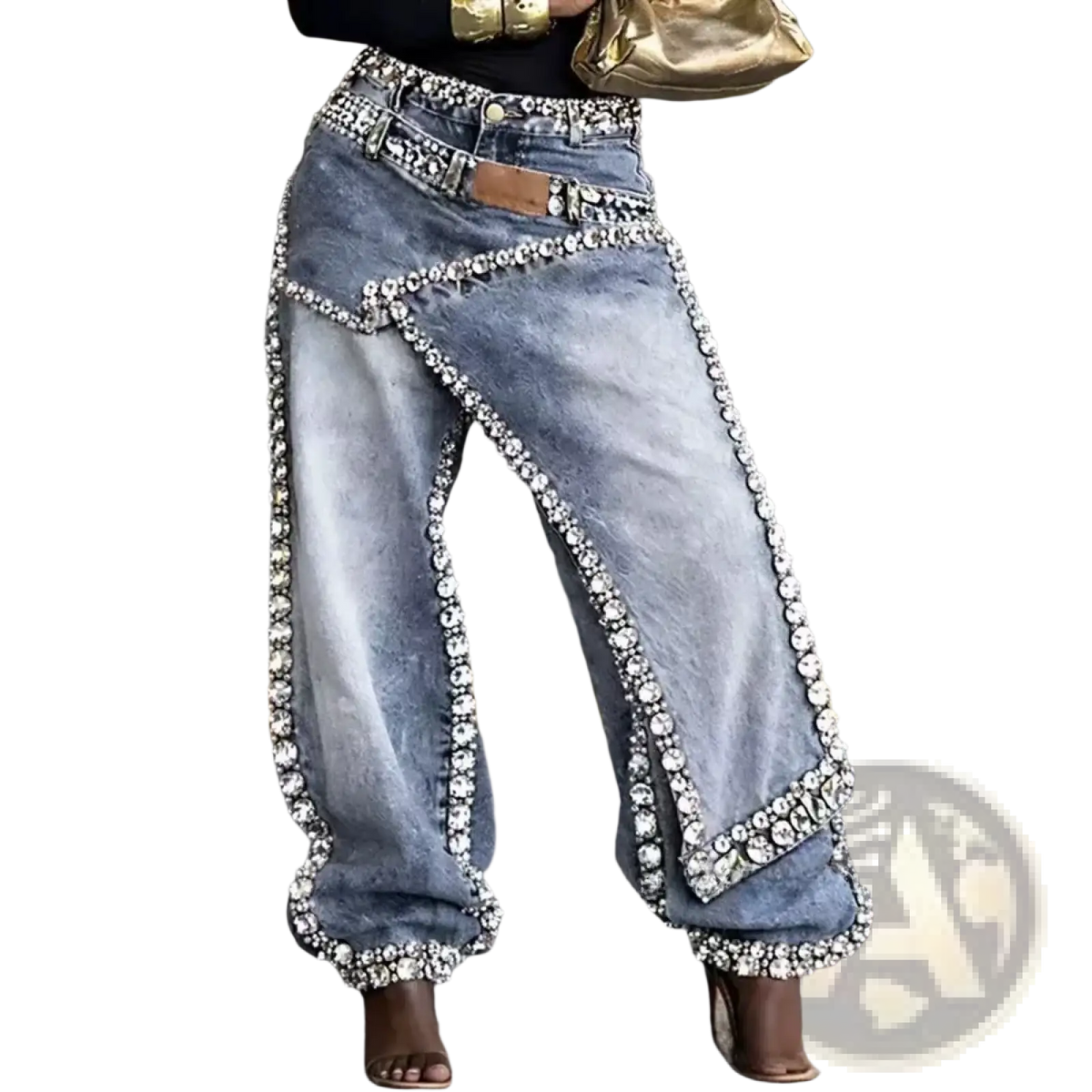 Blue denim low rise loose jeans with sparkling rhinestone embellishments along seams and hem