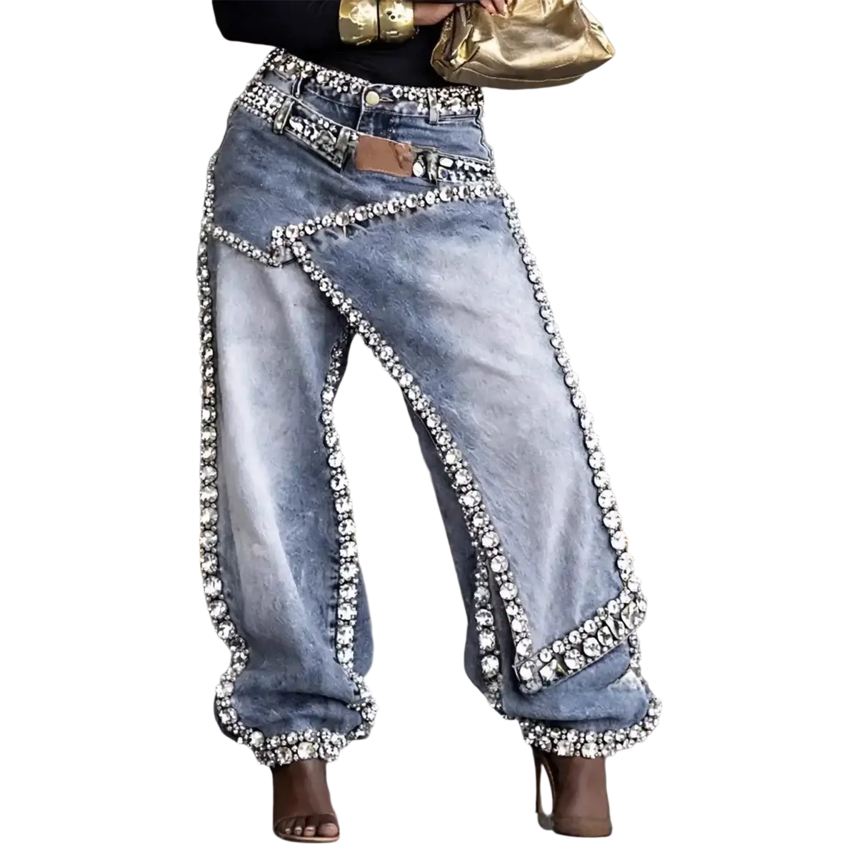 Light-wash low rise loose denim jeans with rows of clear rhinestones along seams and cuffs