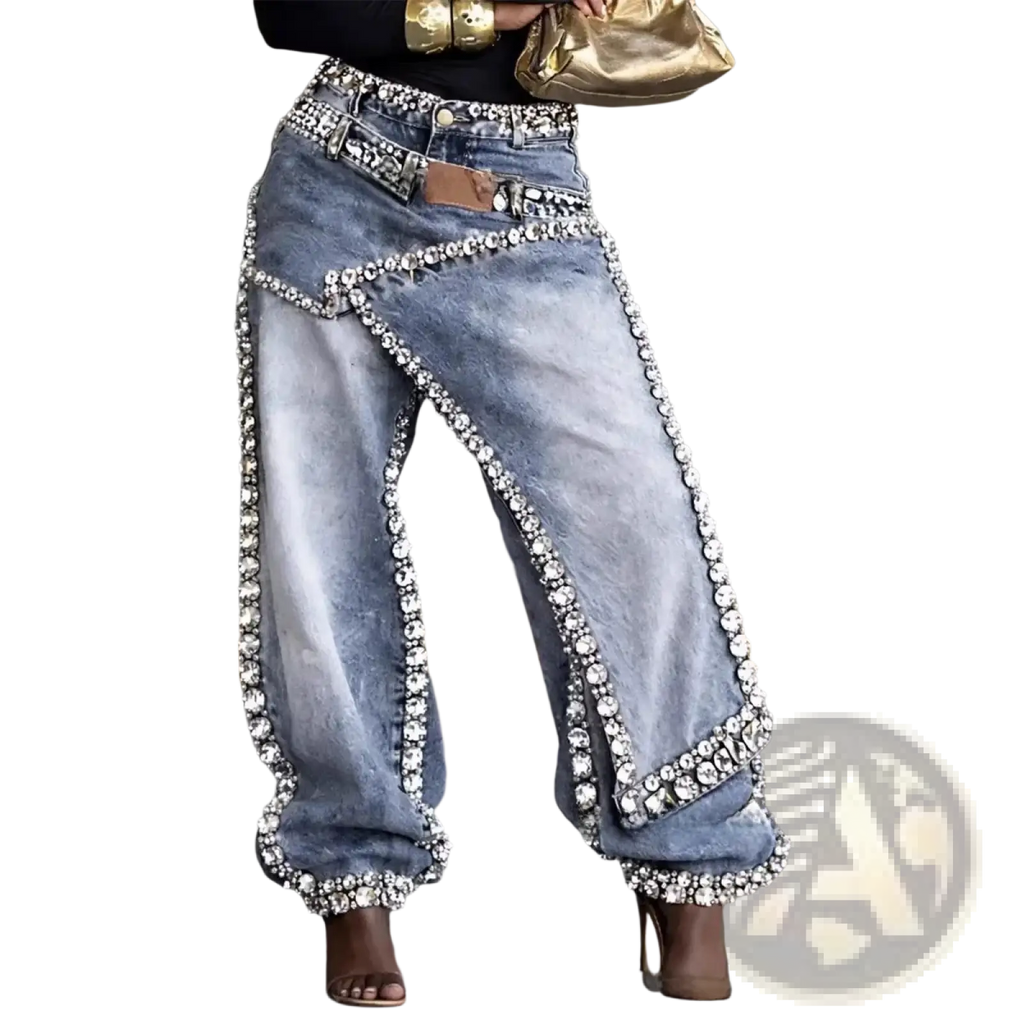 Light-wash low rise loose denim jeans with rows of clear rhinestones along seams and cuffs