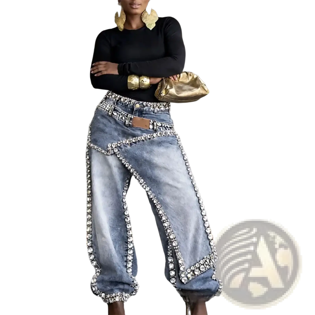 Light-wash denim rhinestone low rise loose jeans with silver rhinestones along seams and cuffs