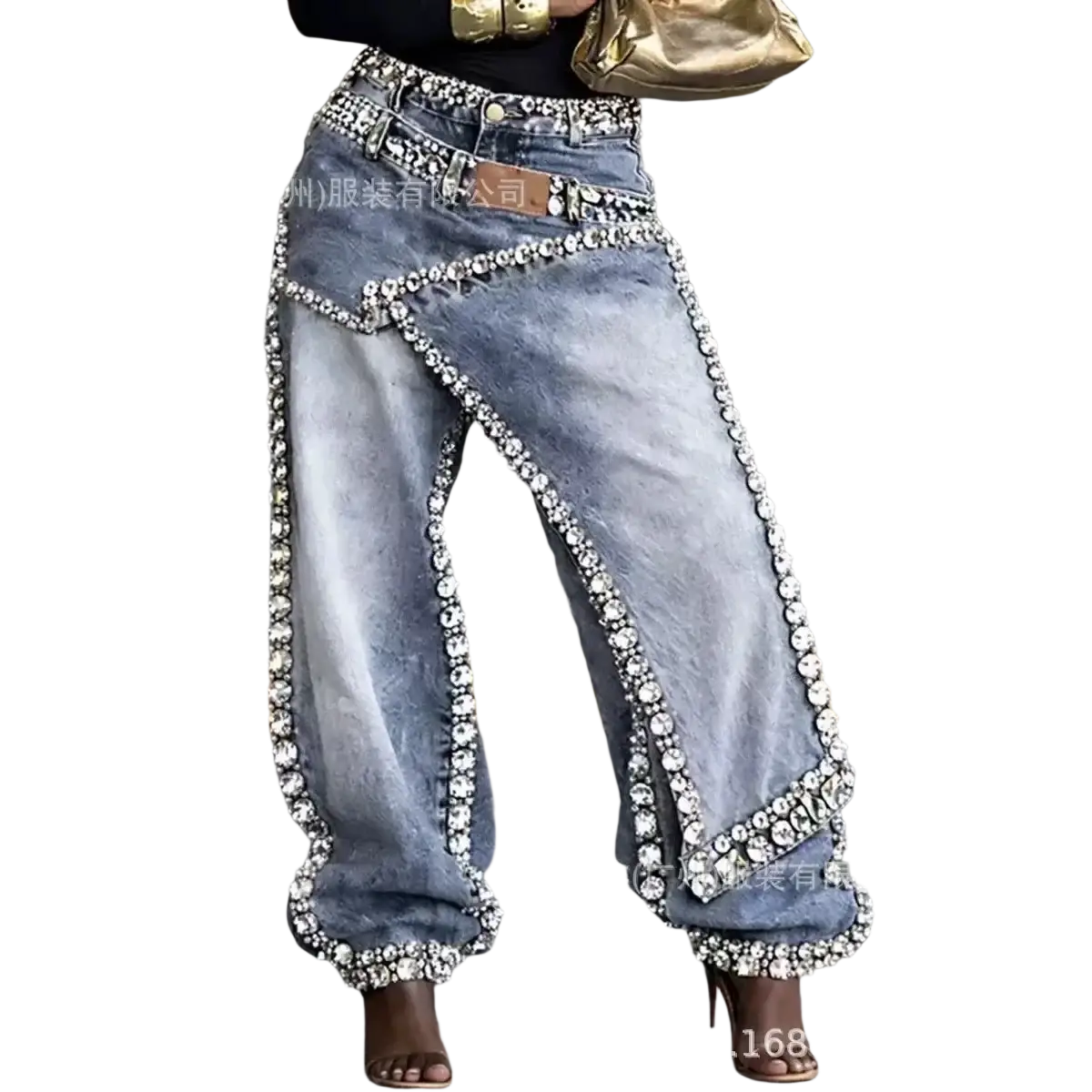 Light-wash denim rhinestone low rise loose jeans with wide-leg cut and sparkling silver rhinestones on seams and hem