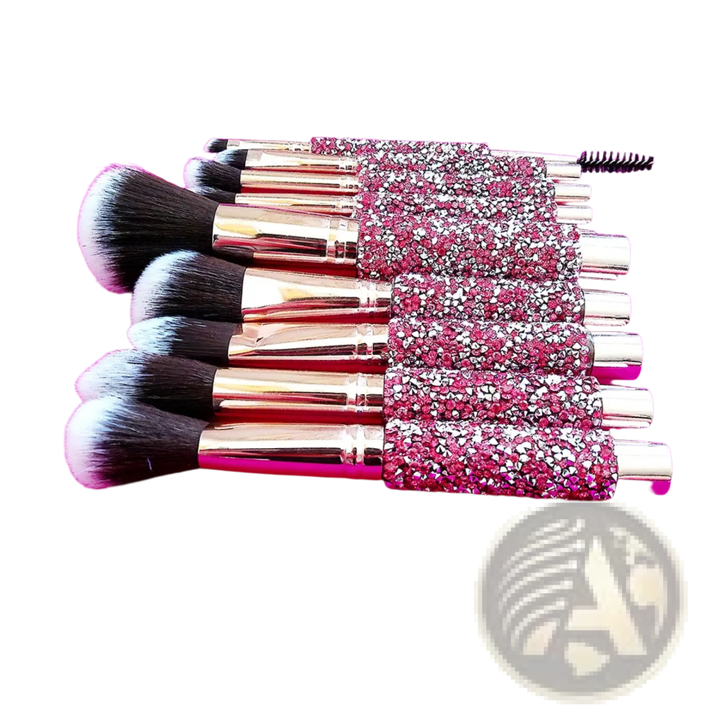 Rhinestone makeup brush set with 10 rose gold handles and pink crystal grips with black bristles for various uses