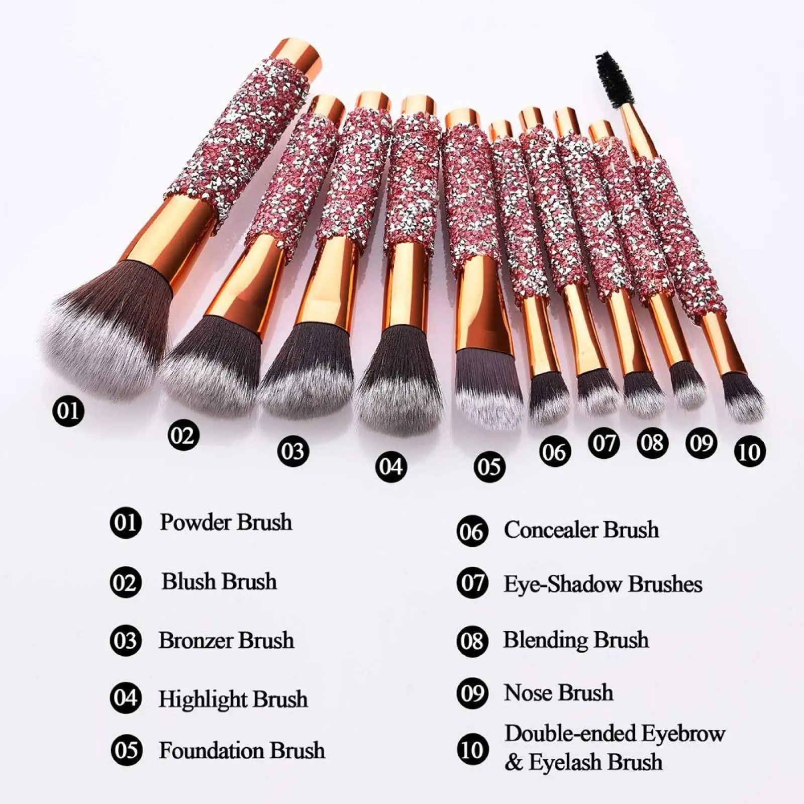Set of ten glittery pink and gold rhinestone makeup brushes with assorted bristles for diverse cosmetic applications