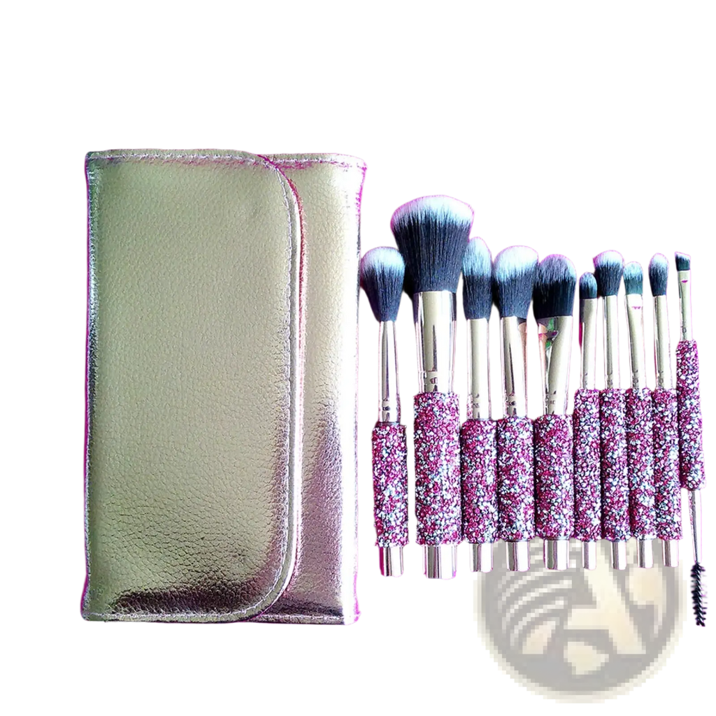 Rhinestone makeup brush set with 10 sparkly pink and silver glitter handles and a matching metallic pouch for storage