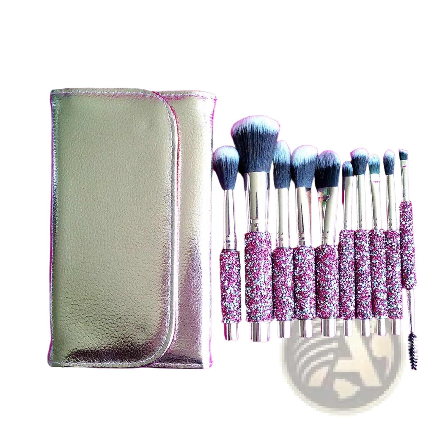 Rhinestone makeup brush set with 10 sparkly pink and silver glitter handles and a matching metallic pouch for storage