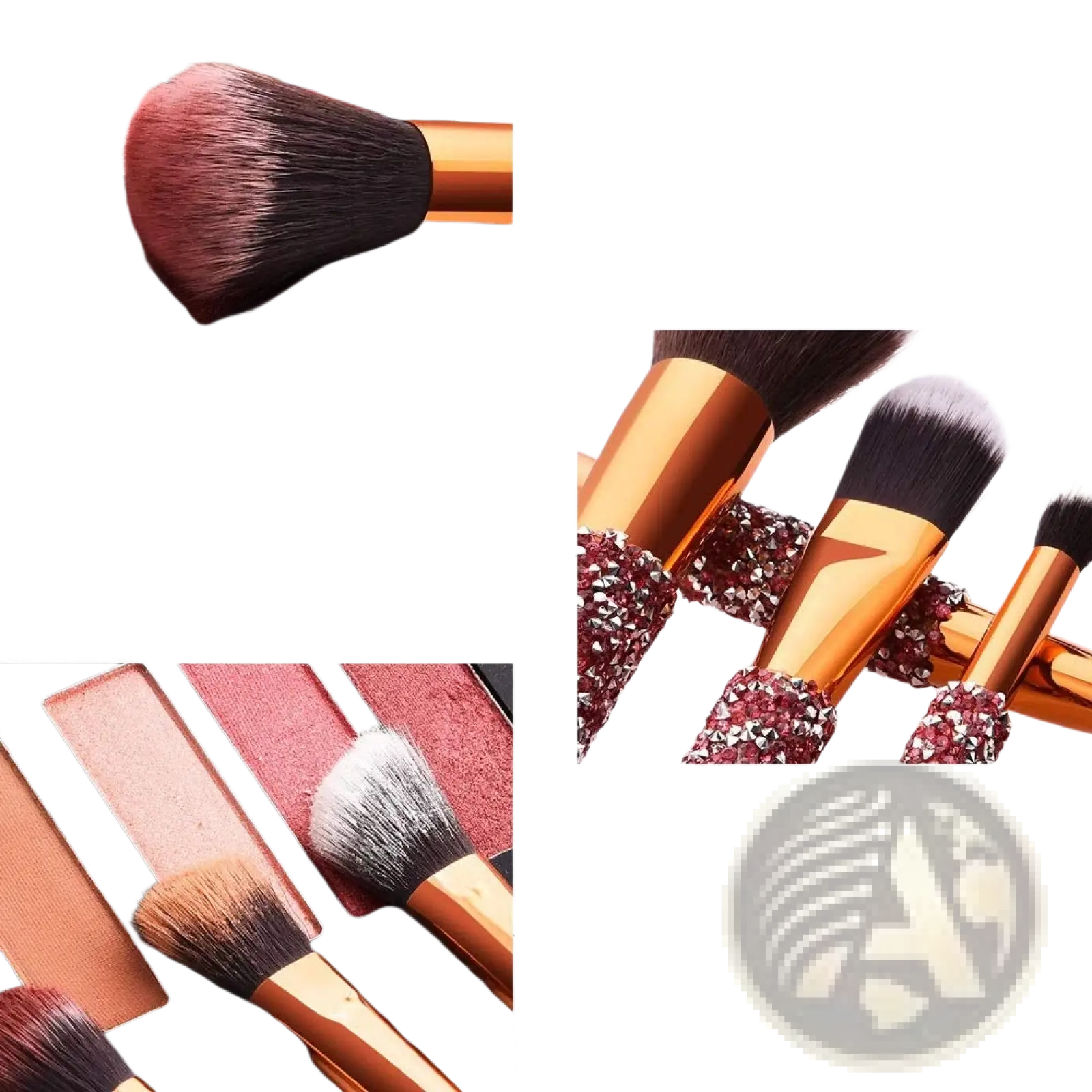 Set of 10 rhinestone makeup brushes with gold aluminum handles and glittery burgundy bands in a pink bag