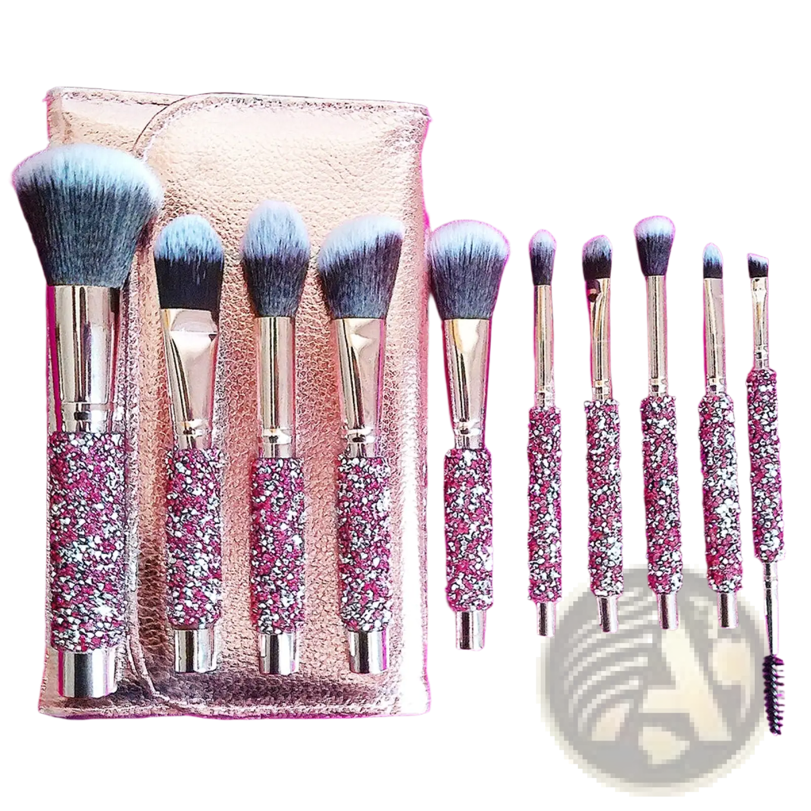 Set of ten rhinestone makeup brushes with pink glittery and silver handles in a rose gold textured case