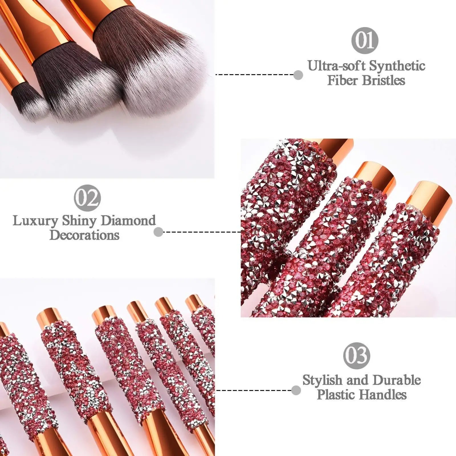 Set of 10 rhinestone makeup brushes with rose gold handles decorated with pink and silver diamond-like embellishments