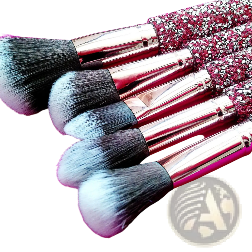 Set of five rhinestone makeup brushes with rose gold handles encrusted with red crystals and gradient black to white bristles