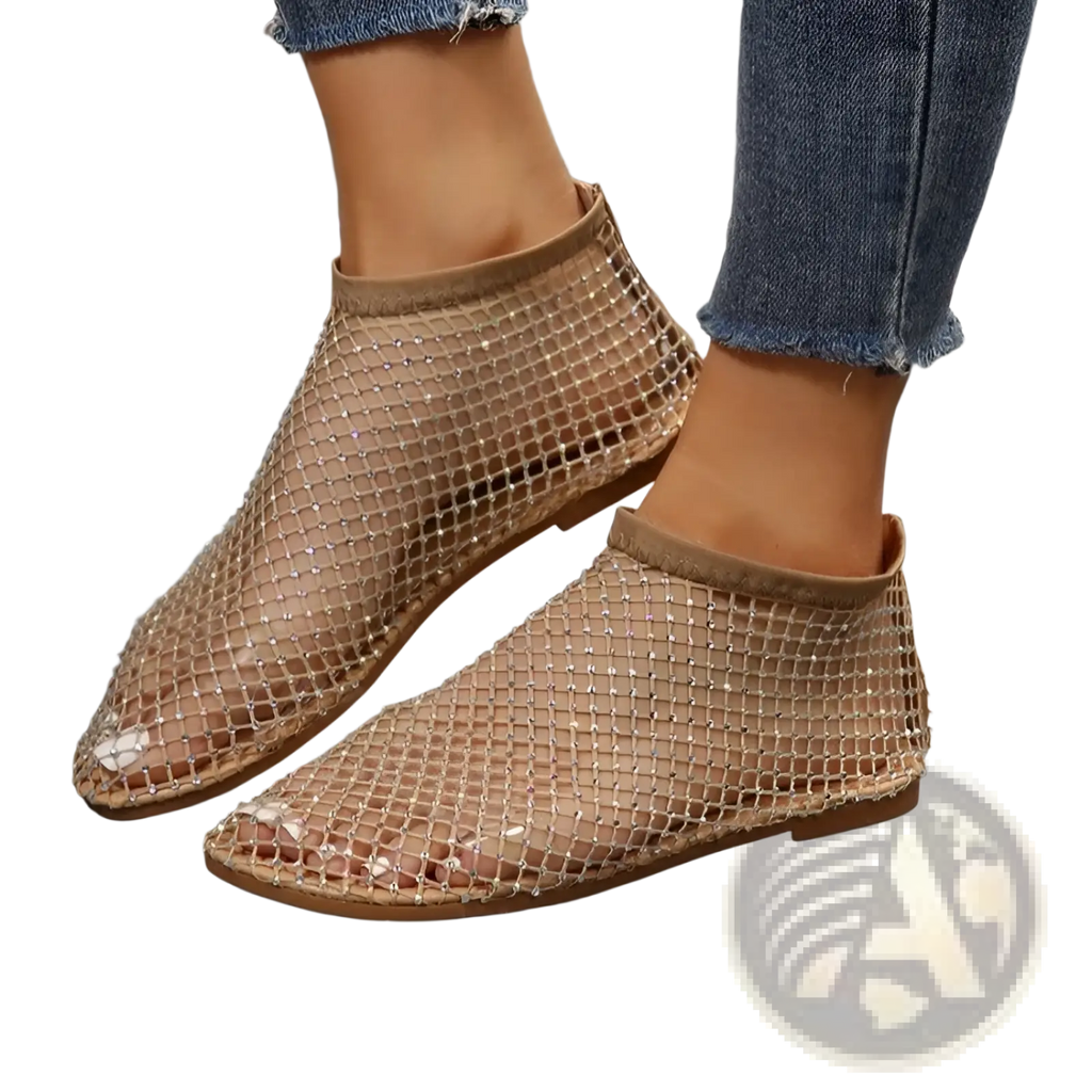 Beige rhinestone mesh flat ankle boots for women with sparkling detailing and a comfortable flat sole