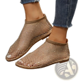 Beige rhinestone mesh flat ankle boots for women with sparkling detailing and a comfortable flat sole