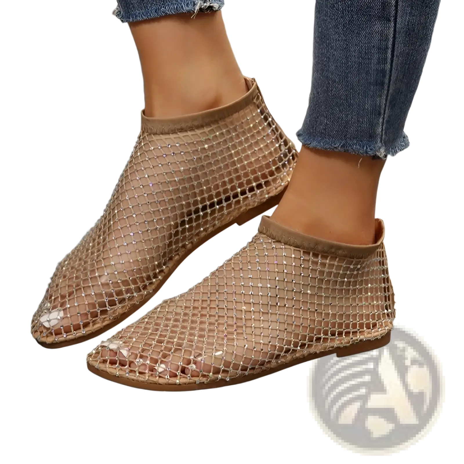 Beige rhinestone mesh flat ankle boots for women with sparkling detailing and a comfortable flat sole