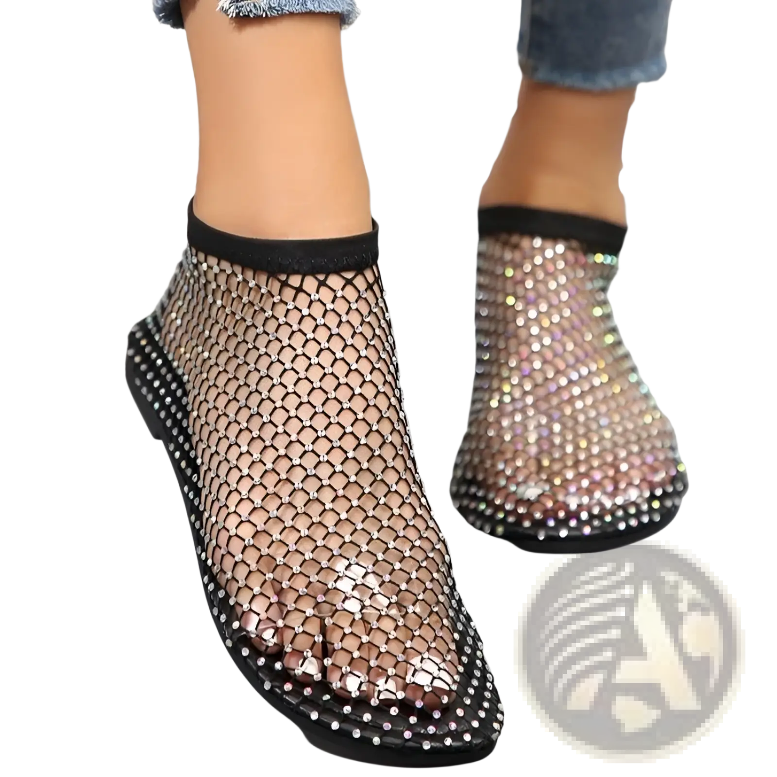 Black mesh flat ankle boots for women adorned with sparkling rhinestones along edges and sole visible from back side
