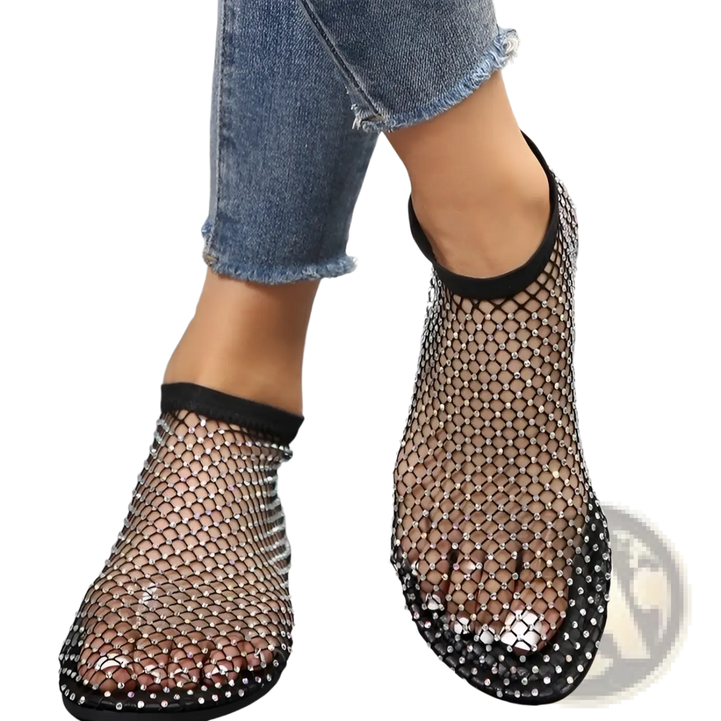 Black rhinestone mesh flat ankle boots for women with sparkling embellishments along edges and toe area