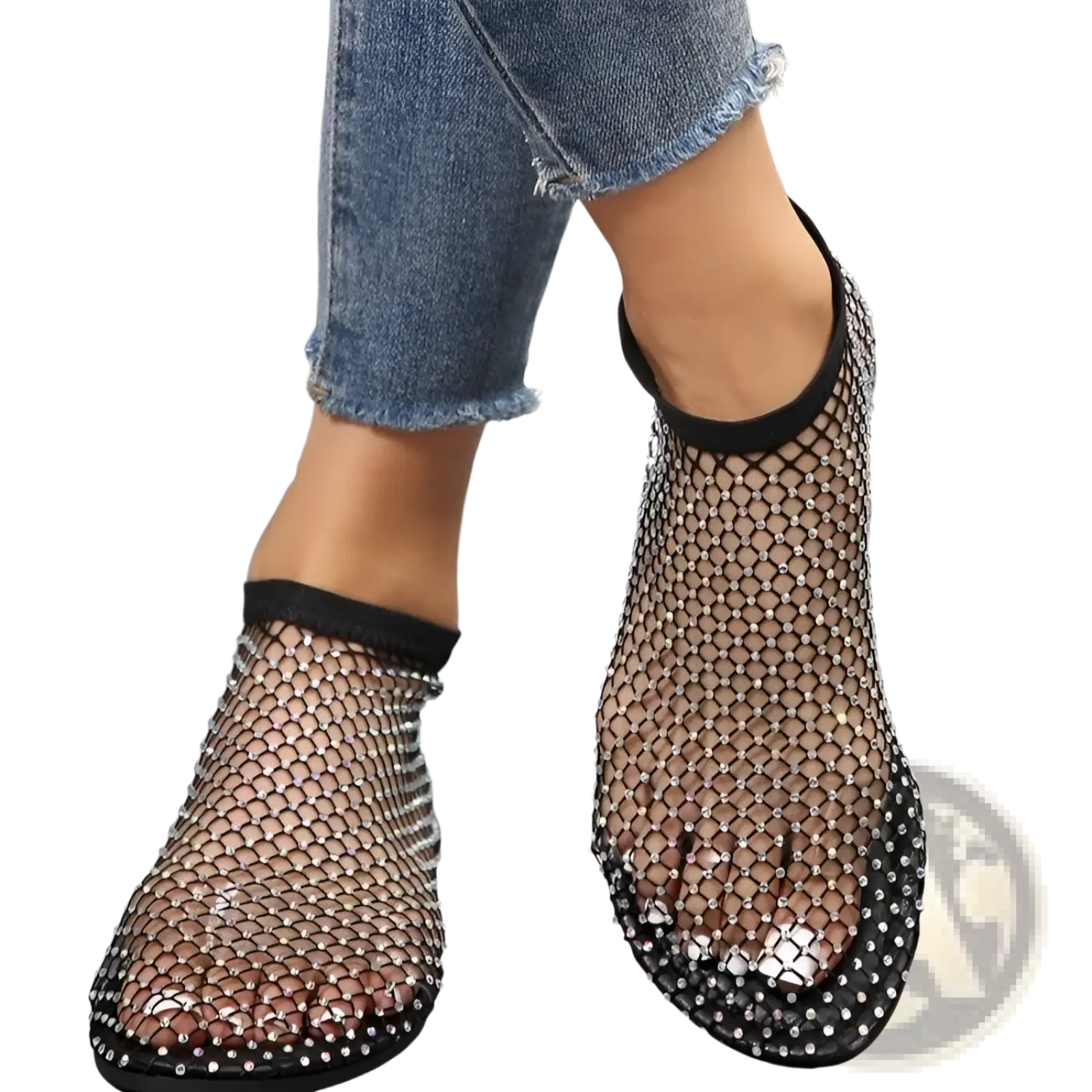 Black rhinestone mesh flat ankle boots for women with sparkling embellishments along edges and toe area