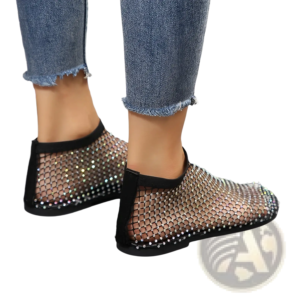 Black mesh flat ankle boots for women adorned with sparkling rhinestones along the edges