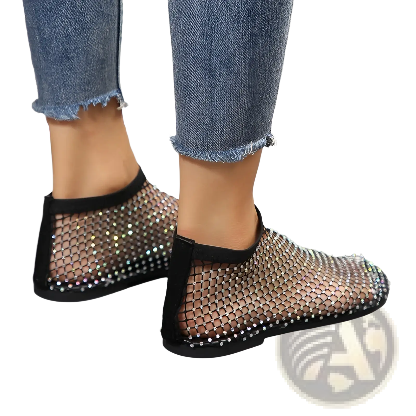 Black mesh flat ankle boots for women adorned with sparkling rhinestones along the edges