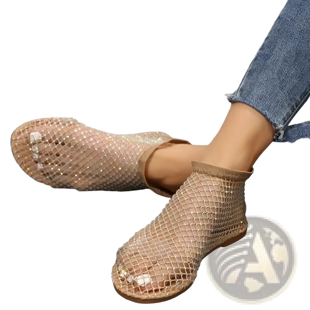 Rhinestone mesh flat ankle boots for women in gold with sparkling rhinestones and a flat sole