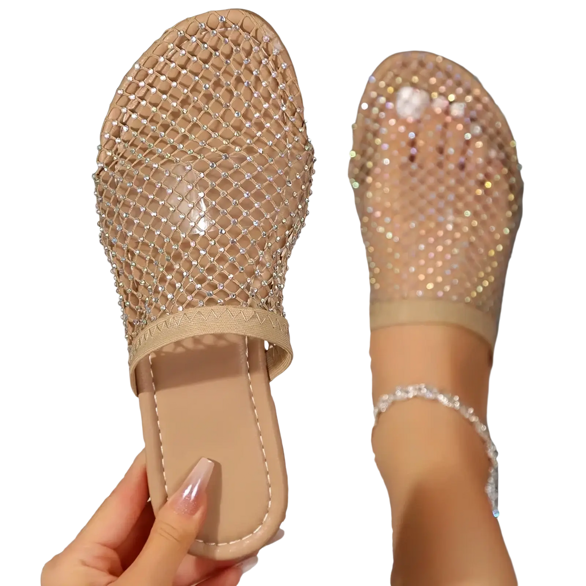 Beige mesh slide sandals adorned with sparkling rhinestones designed as flat summer sandals for women