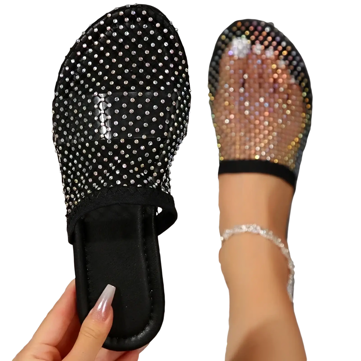 Black rhinestone-embellished slide sandals with sheer mesh upper and elastic strap for summer women
