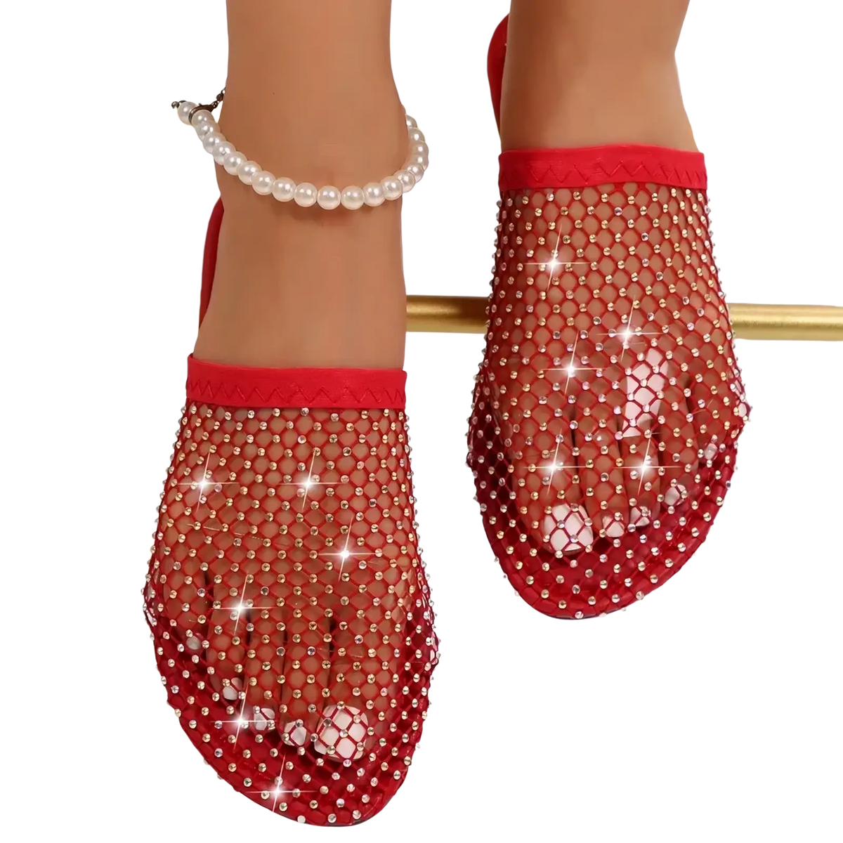 Red mesh flat summer sandals for women adorned with sparkling rhinestones and a red elastic band