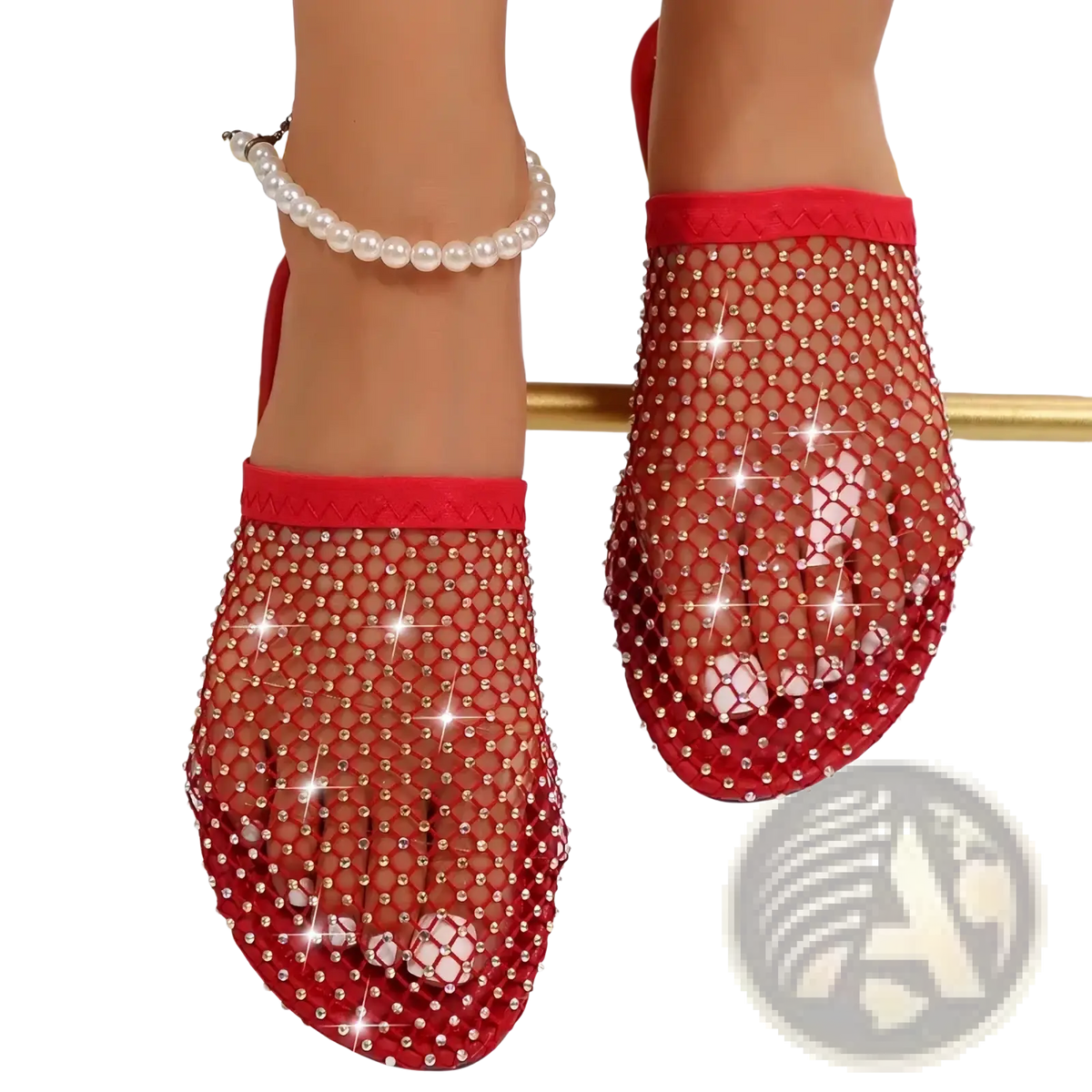 Red mesh flat summer sandals for women adorned with sparkling rhinestones and a red elastic band