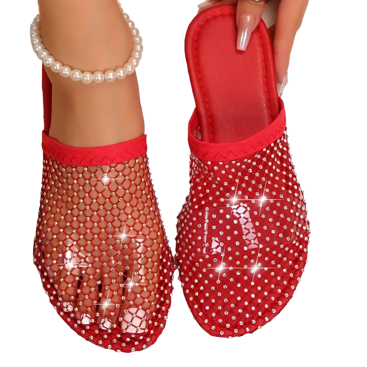 Red mesh flat summer mules adorned with sparkling rhinestones for women showcasing elegant casual footwear