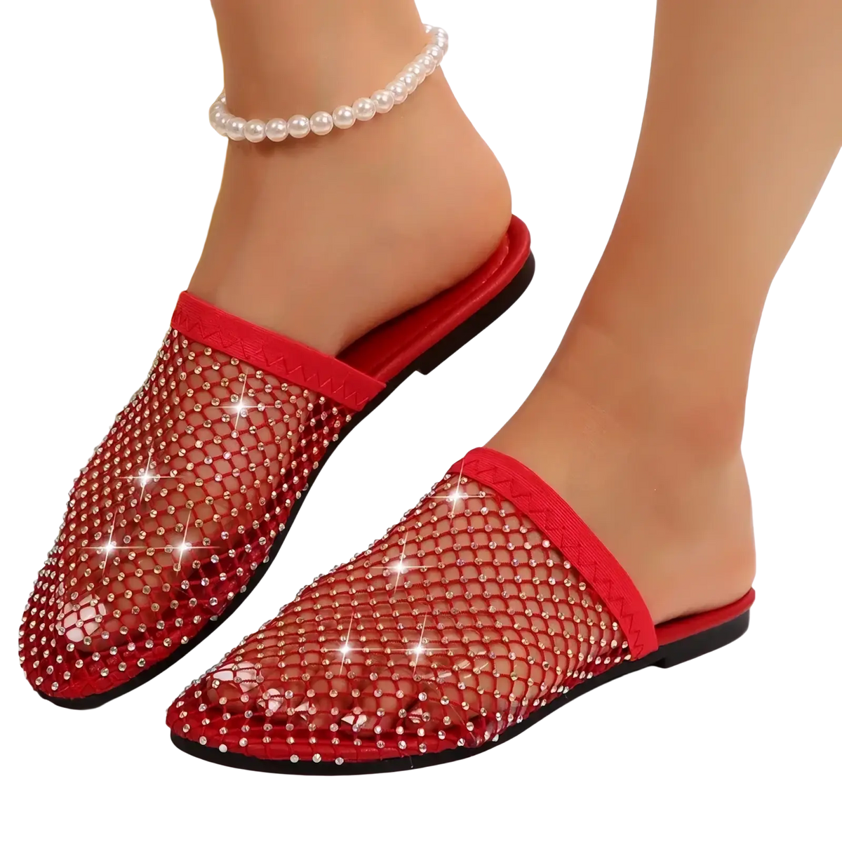 Red mesh rhinestone flat summer sandals for women with sparkling details and a black rubber sole