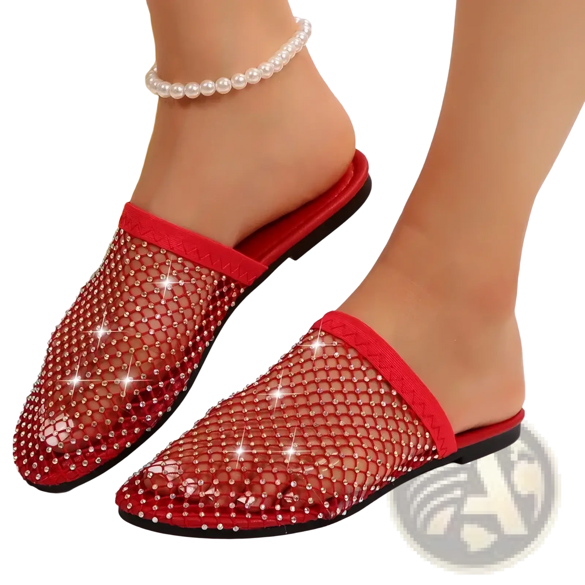 Red mesh rhinestone flat summer sandals for women with sparkling details and a black rubber sole
