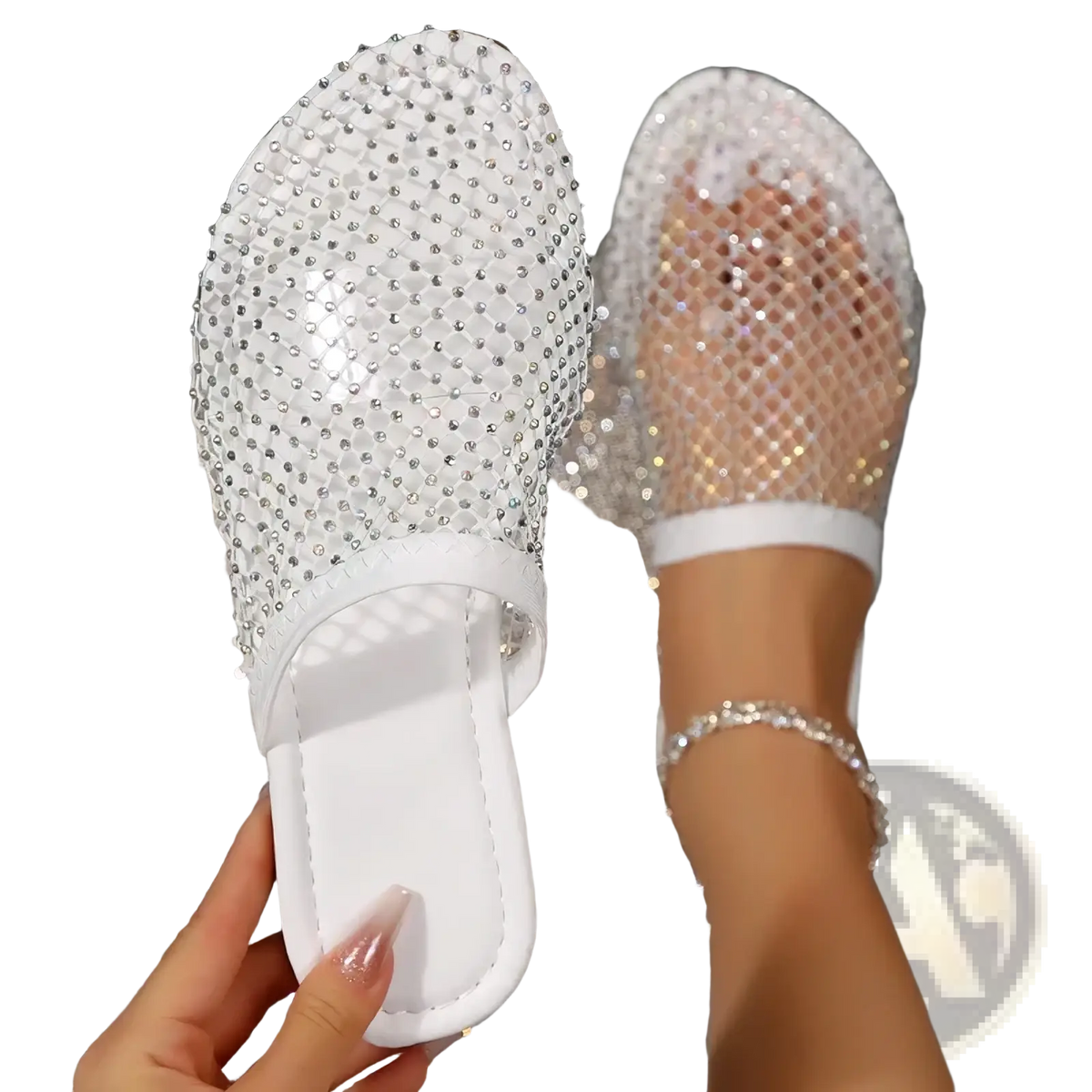 White rhinestone mesh flat summer sandals featuring crystal embellishments open-toe design and soft insole