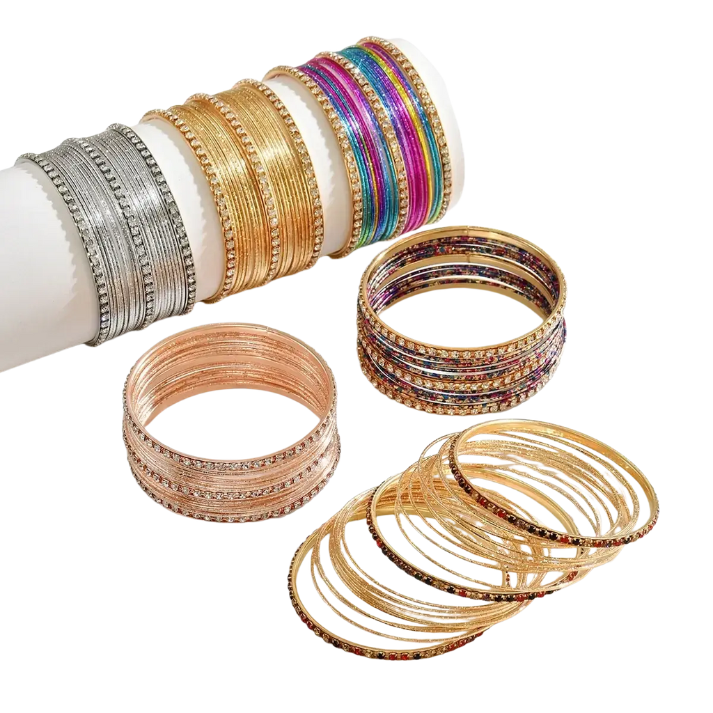Rhinestone metal bangle set for women featuring colorful gold, rose gold, silver, and vibrant rainbow hues