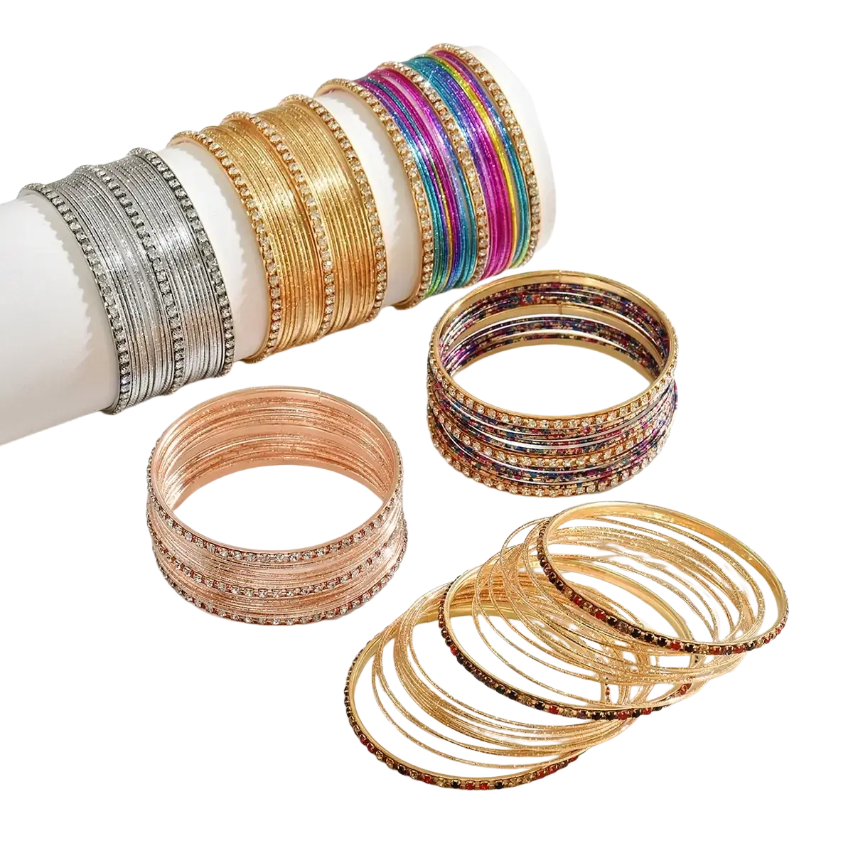 Rhinestone metal bangle set for women featuring colorful gold, rose gold, silver, and vibrant rainbow hues