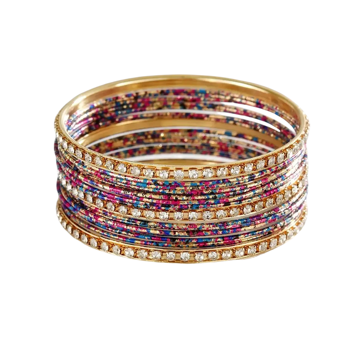 A stack of gold-toned rhinestone metal bangles for women with clear crystals and pink blue and purple glitter inlays