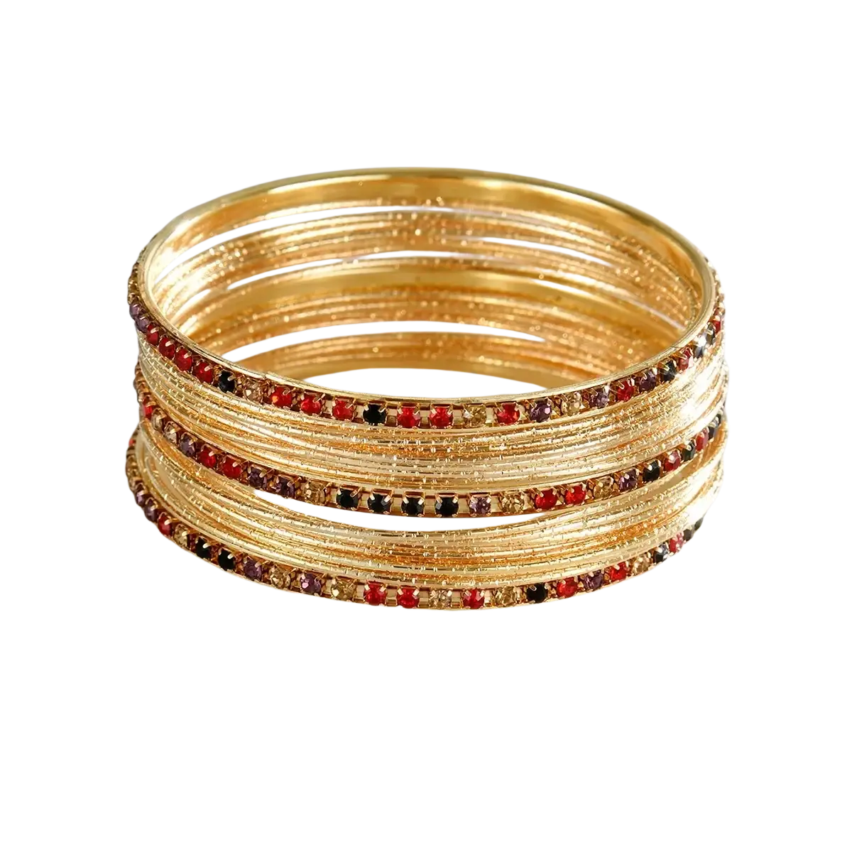 A stack of gold-toned rhinestone metal bangles for women adorned with red black and brown gemstones