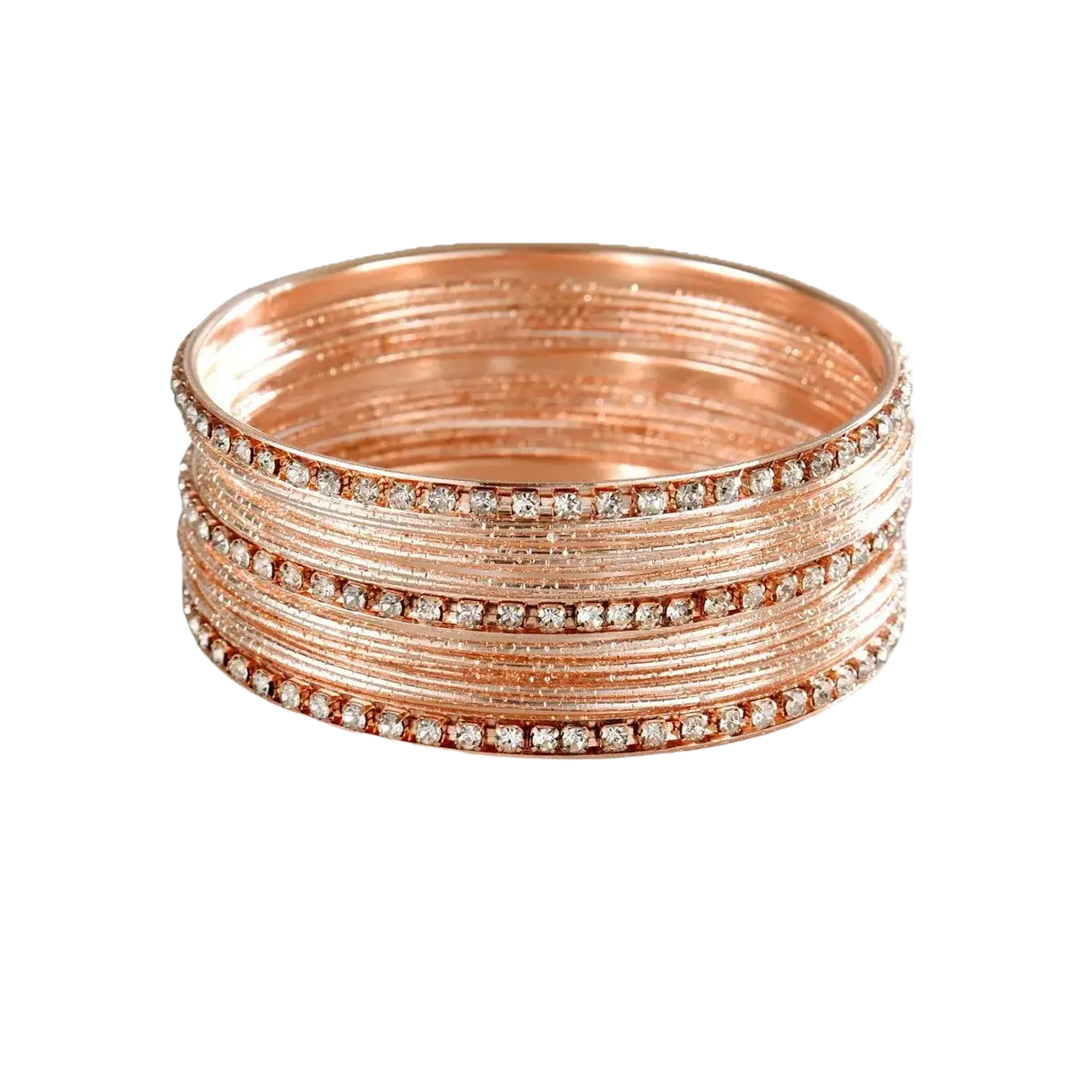 A stack of rose gold metal bangles for women adorned with clear rhinestones along the outer edge
