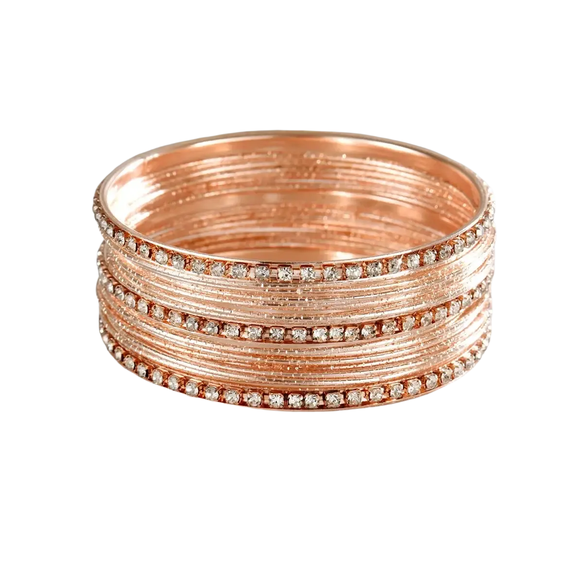 Stack of rose gold metal bangles adorned with clear rhinestones along the outer edge for women