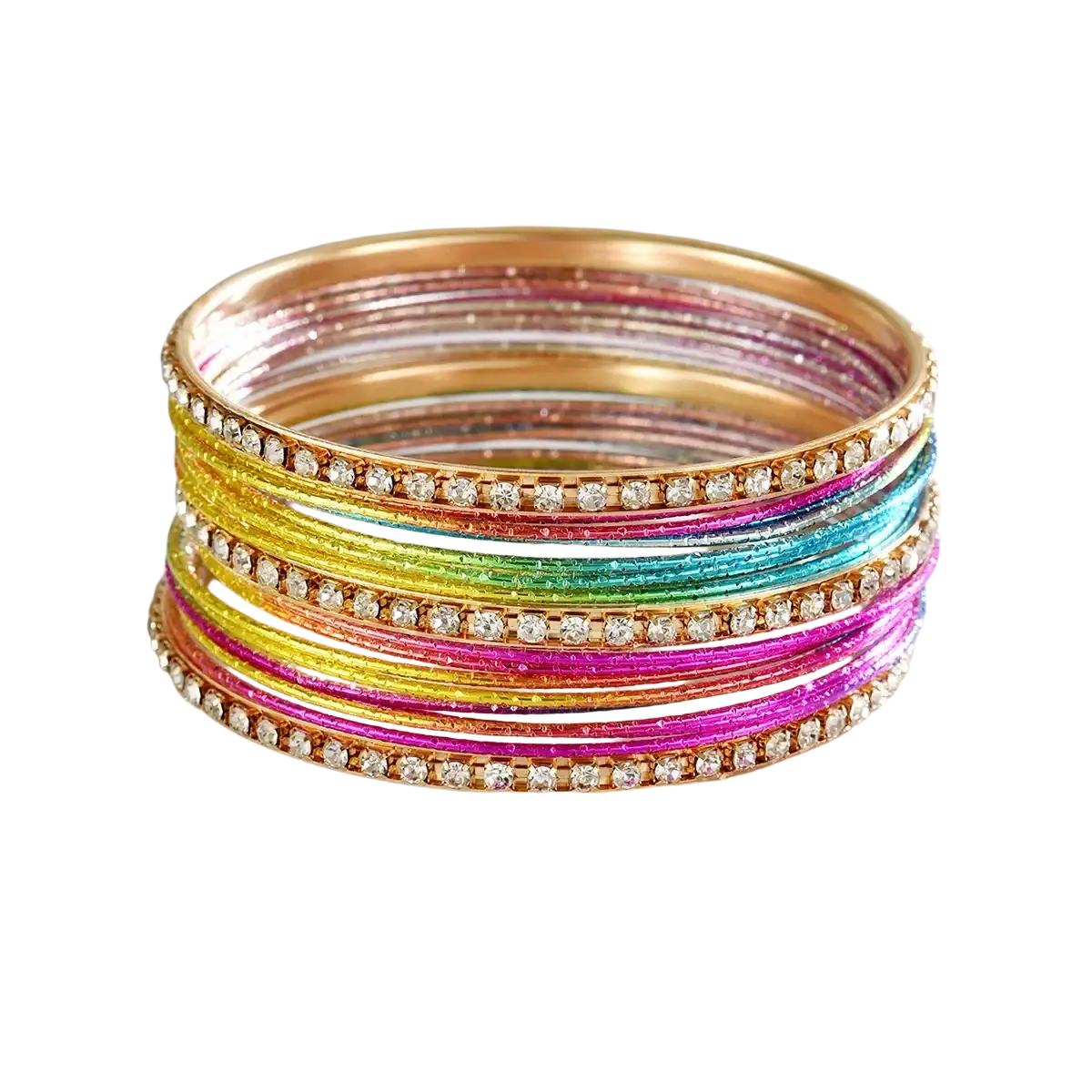 A stack of vibrant rainbow rhinestone metal bangles for women featuring glittery hues and clear rhinestone edges
