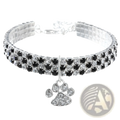 Rhinestone paw print pet collar featuring black and clear rhinestones with a silver paw print charm