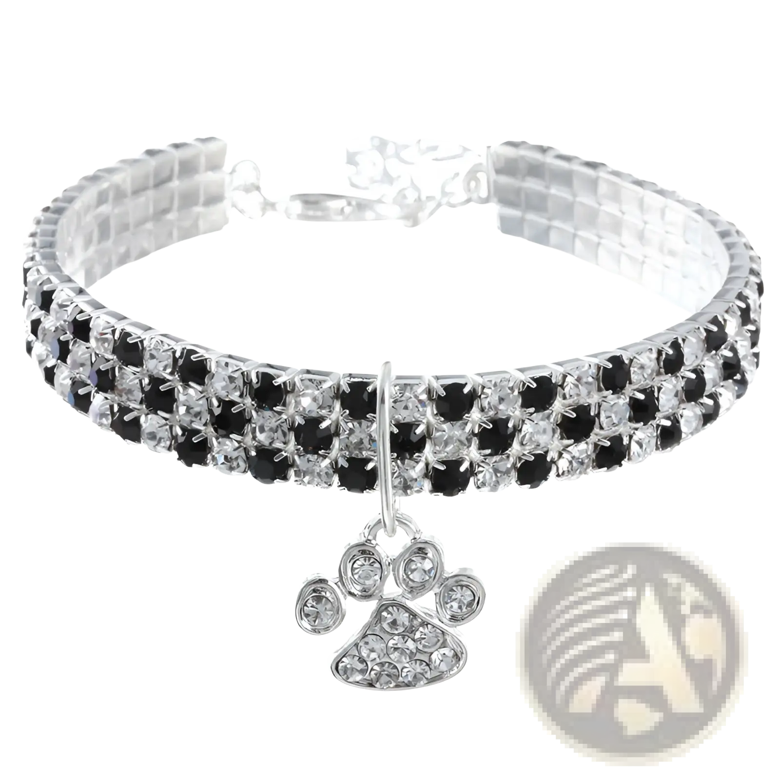 Rhinestone paw print pet collar featuring black and clear rhinestones with a silver paw print charm