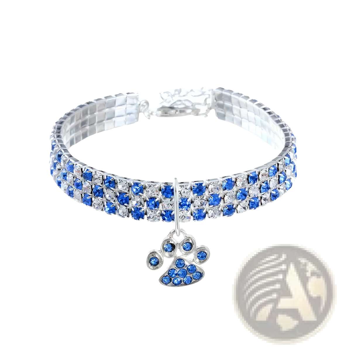 A sparkling blue and silver rhinestone paw print pet collar with a three-row design and clear and royal blue crystals