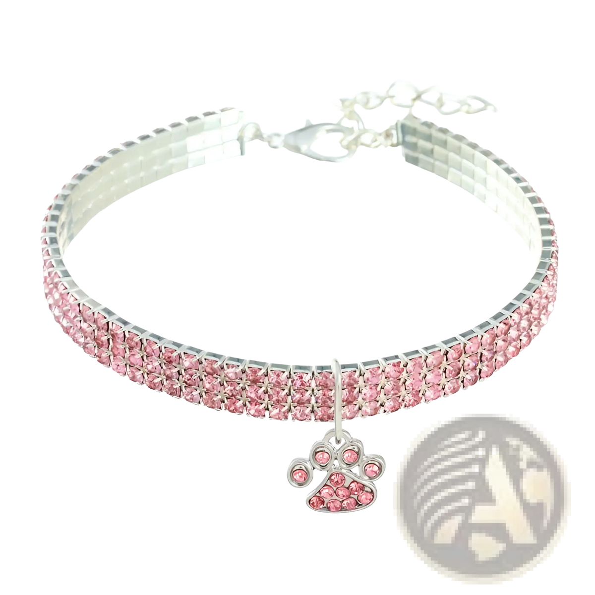 Pink rhinestone pet collar with matching paw print charm designed for stylish and comfortable dog wear