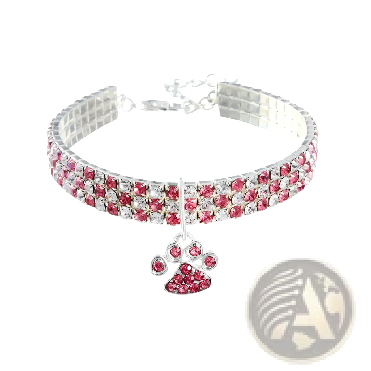 A sparkling pink and clear rhinestone dog collar with a matching paw print charm for pets