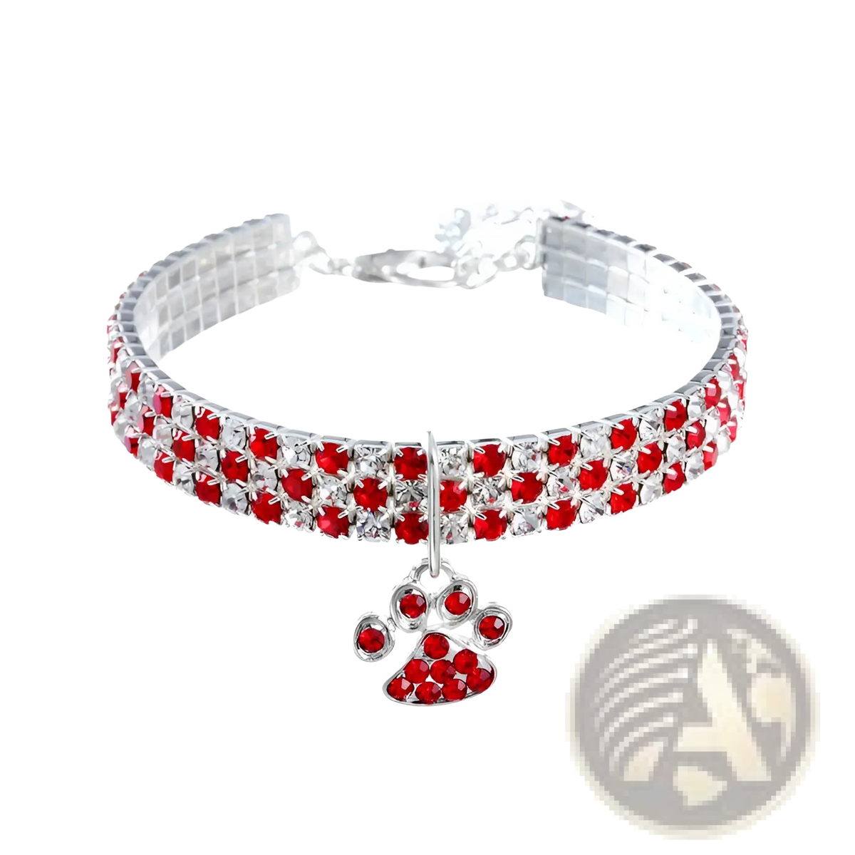 Rhinestone paw print pet collar featuring red and clear rhinestones with a matching paw print charm