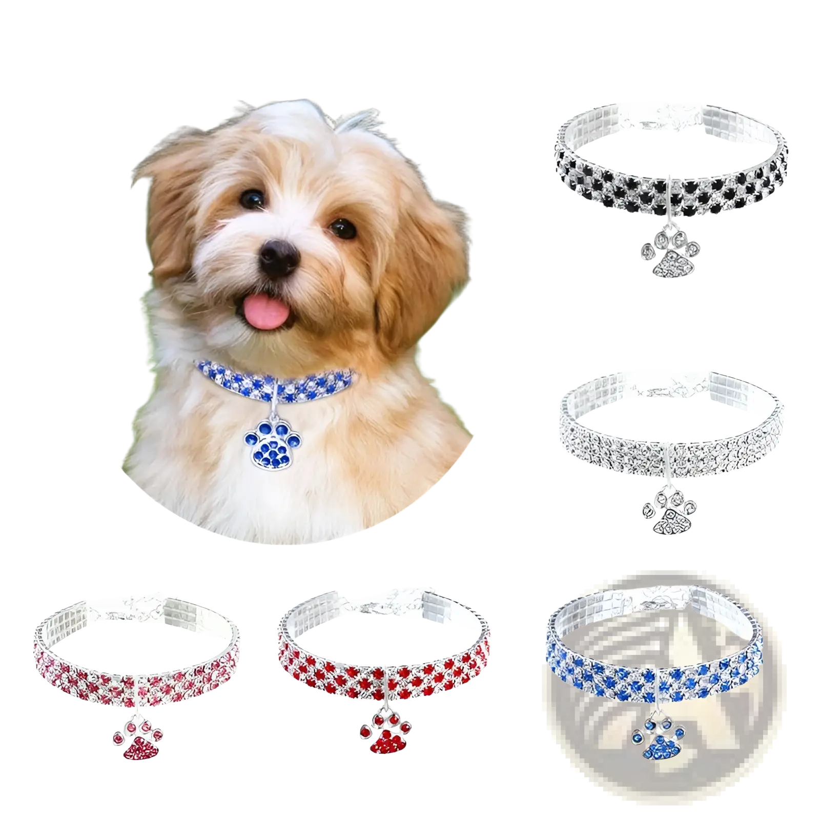 A sparkling blue rhinestone pet collar with a matching paw-shaped pendant for stylish dogs