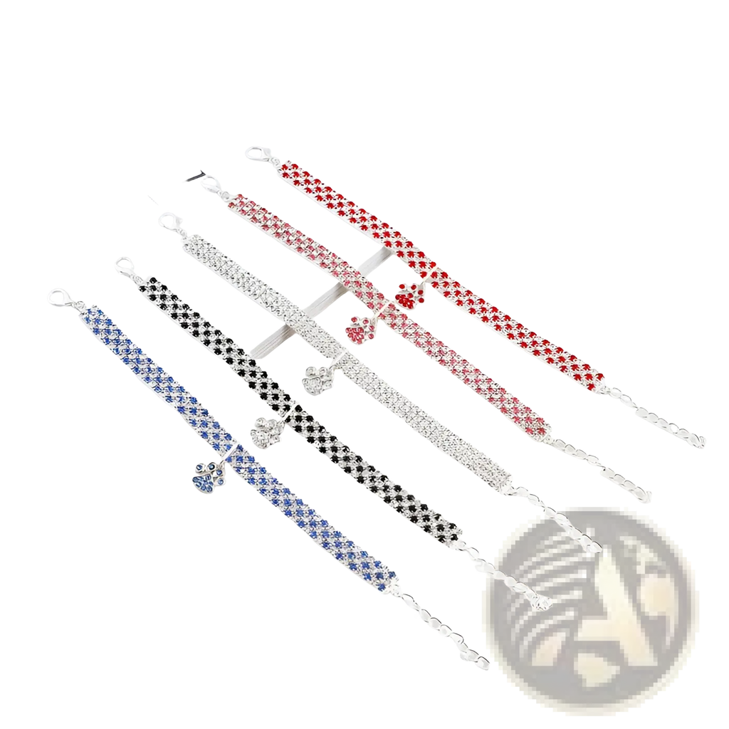 Rhinestone paw print pet collars with five red silver black and blue rhinestone-embellished bands and floral charms
