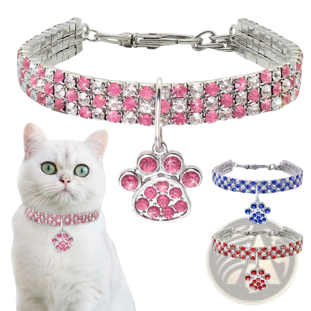 Pink rhinestone paw print pet collar with silver-toned metal links and matching dangling charm for pets